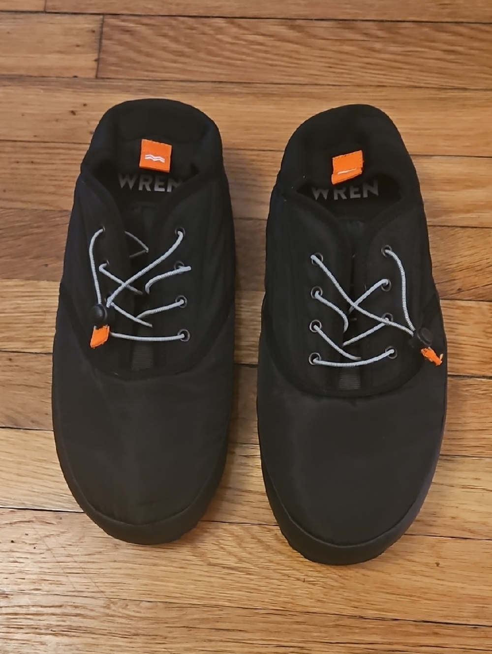 Wren Black Slip-On Loafers with Orange Tabs. NWOTs